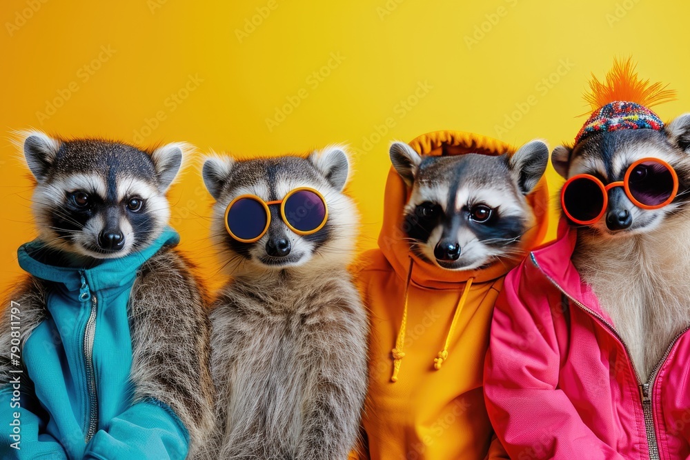 Creative animal concept. monkey in a group, vibrant bright fashionable outfits isolated on solid background  , AI generated
