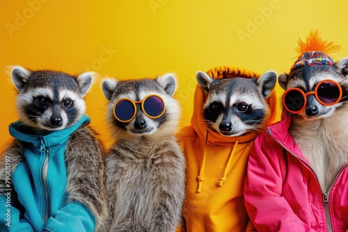 Creative animal concept. monkey in a group, vibrant bright fashionable outfits isolated on solid background , AI generated