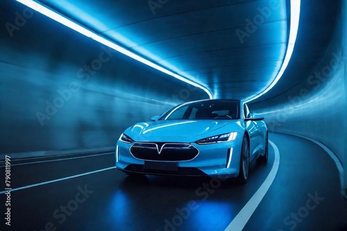 Futuristic EV car rides through tunnels with blue light and motion blur, copy space for placing texts. © PNG&Background Image