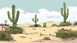 Serene Desert Landscape with Cacti and Sand Dunes Illustration