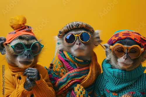 Creative animal concept. monkey in a group, vibrant bright fashionable outfits isolated on solid background , AI generated