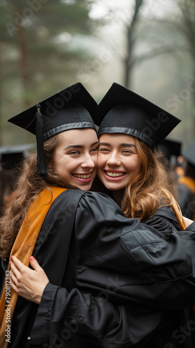 Emotional moments when graduates wearing black gowns and caps hug one another after the graduation ceremony.