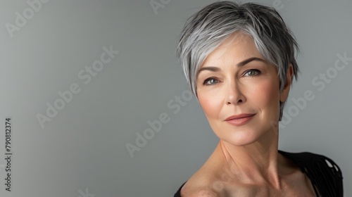 mom cut, white or grey background, Bangs and longer hair on the top of the head and neck, copy and text space, 16:9 photo
