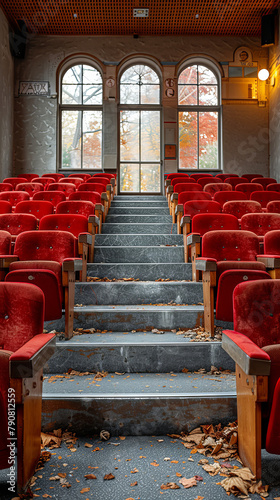 An abandoned school or university auditorium. The topic is the crisis of education in poor countries.
