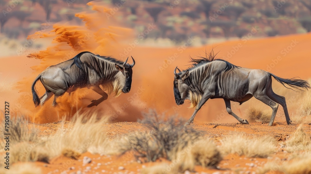 Blue wildebeests engaged in combat in the arid red sand of the Kalahari ...