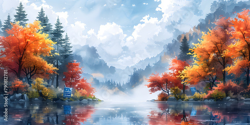 Autumnal Majesty: Trees Framing a Tranquil Blue Pond photo