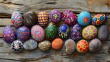 A collection of colorful, hand-painted pebbles arranged in a mandala pattern on a wooden table. 