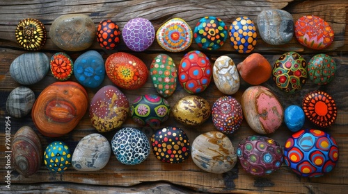 A collection of colorful  hand-painted pebbles arranged in a mandala pattern on a wooden table. 
