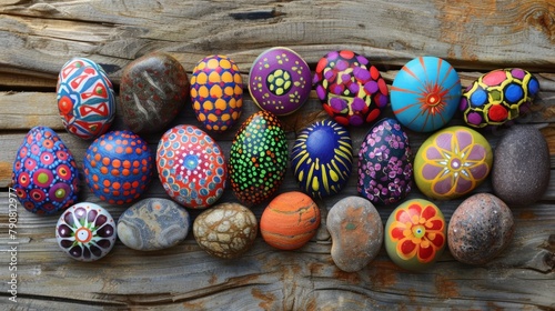 A collection of colorful, hand-painted pebbles arranged in a mandala pattern on a wooden table.  photo