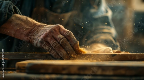 A close-up of a carpenter's hands expertly sanding a piece of wood, creating a smooth and polished finish. photo
