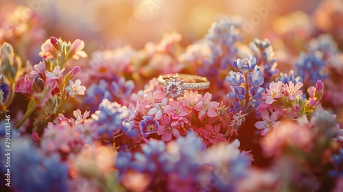Wildflower Elegance: Close-Up of a Stunning Engagement Ring, generative ai