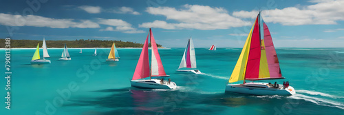 3:1 banner. Sailing Serenity: Colorful Sailboats on Turquoise Waters. Perfect for beach parties, maritime events, sailing competitions, summer vacations, travel advertisements.