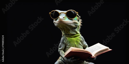 A lizard thinking with sunglasses, holding a book