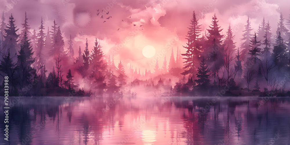 A Peaceful Water Reflection: Pink-Violet Trees and Serene Forest