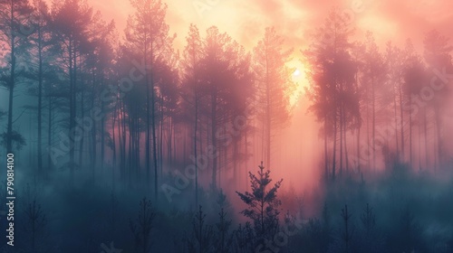 Solitude Among Tall Trees at Sunrise, generative ai