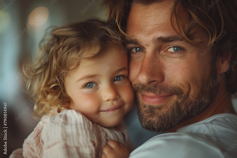 Smiling father hugging his daughter, both looking at the camera Smiling father hugging his daughter, both looking at the camera