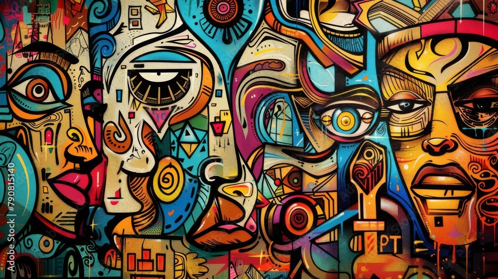Vibrant Urban Graffiti Art: Faces, Patterns, and Abstract Elements