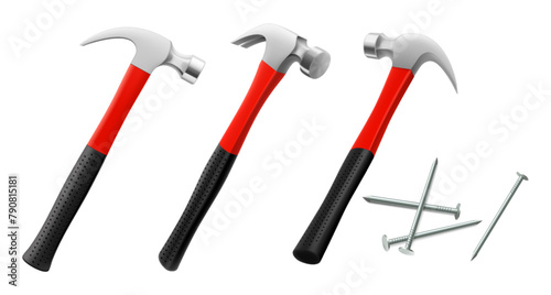 Carpenter's hammers with nails, isolated on white background. Fitter's or locksmith's hammer in different angles. Isometric illustration. Realistic 3d vector design