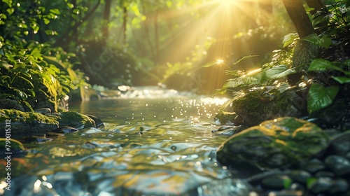 A crystal-clear stream winding through a pristine forest  with sunlight filtering through the leaves.