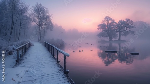 Serene Sunrise with Ducks Swimming, generative ai © Matus