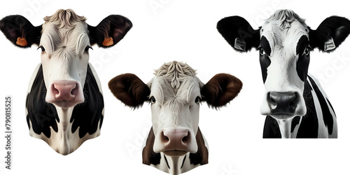 Group of cows of different colors isolated on transparent background, cut out, generative ai