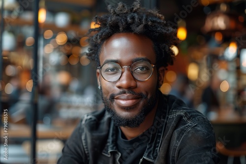 Casual portrait of a stylish young man with an afro hairstyle and clear eyeglasses, confidently smiling at the camera photo