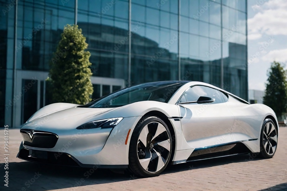 Futuristic EV car in front of a modern building with copy space.