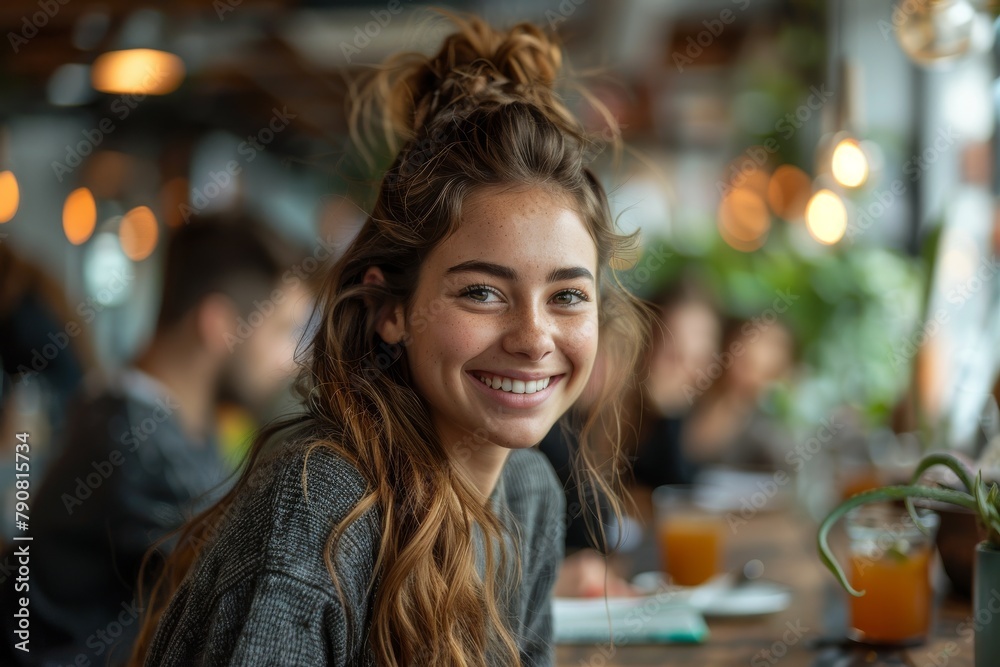 Radiant young woman smiles brightly at a cafe with a smoothie, conveying joy and a healthy lifestyle