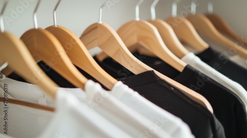 A row of clothes hanging on a clothesline, with a mix of white and black shirts