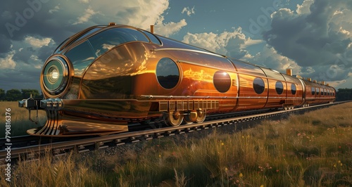 Art Deco 3D render streamlined train with decorative elements