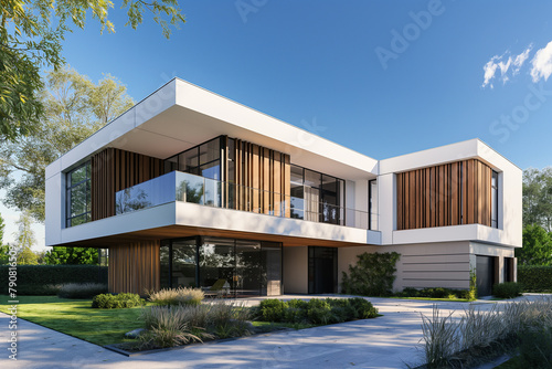 Modern house with white walls and wooden accents, two floors, garage in front of the building, green lawn around the modern family home. Realistic rendering of architecture in 3D in the style of an ar © 수동 김