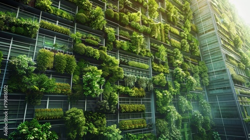 A high-tech building covered in vertical gardens, showcasing innovation in sustainable architecture. photo