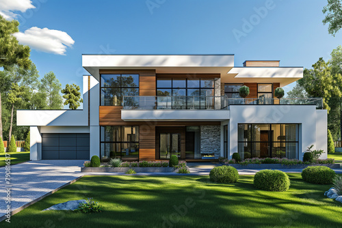 Modern house with white walls and wooden accents, two floors, garage in front of the building, green lawn around the modern family home. Realistic rendering of architecture in 3D in the style of an ar © 수동 김