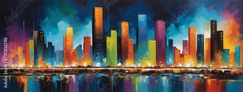 Colorful Nighttime Urban Scene  Abstract Painting Capturing the Energy of the City.