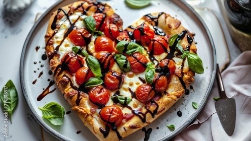 A heart-shaped pizza topped with fresh mozzarella, cherry tomatoes, basil leaves, and a drizzle of balsamic glaze, perfect for a romantic dinner.