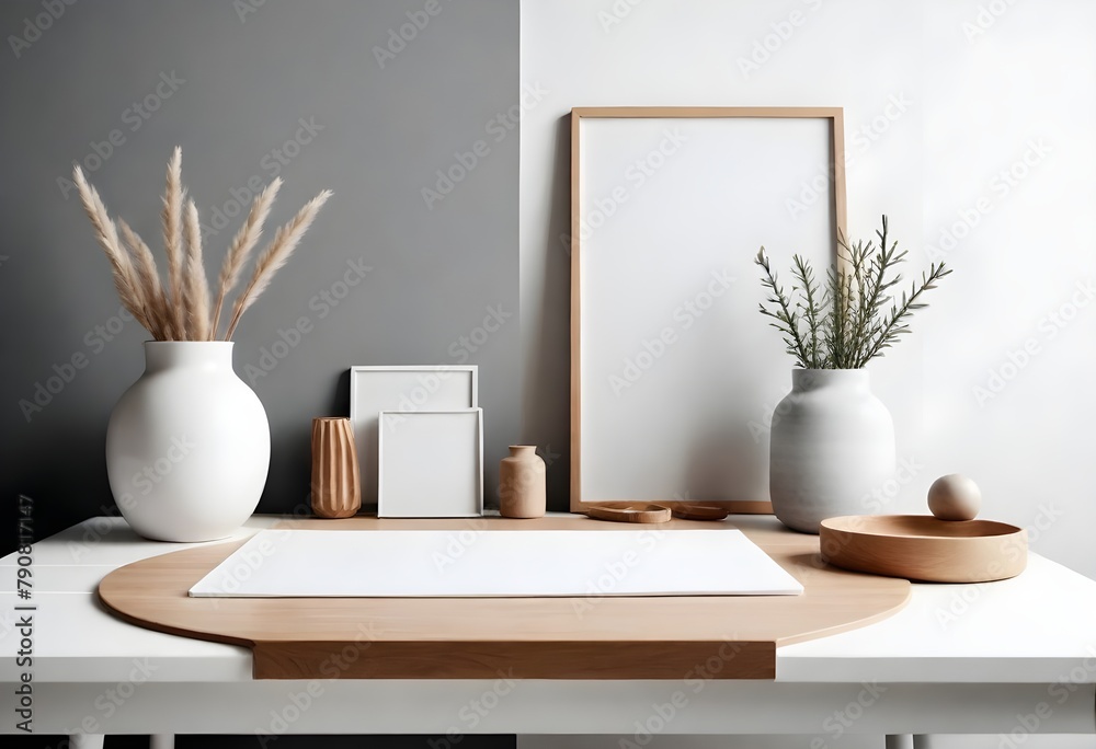 Clean Aesthetic Scandinavian style table, desk with decorations	