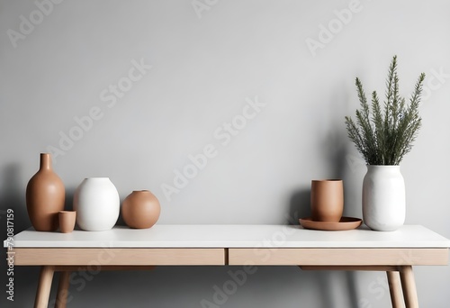 Clean Aesthetic Scandinavian style table, desk with decorations  © Gia