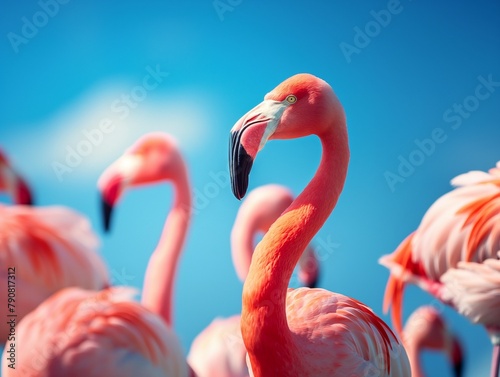 Group of pink flamingos against the blue sky, pink magenta flamingos