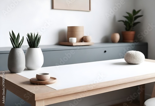 Clean Aesthetic Scandinavian style table, desk with decorations 
