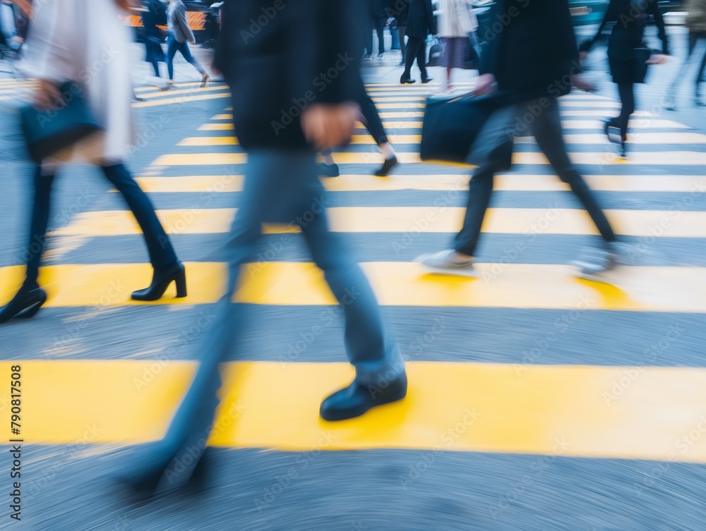 Obraz premium business people crossing the street at at a large intersection, blurred motion