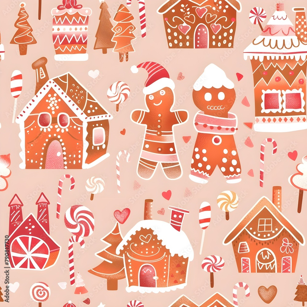 Gingerbread Village on Christmas, New year, Valentine and other holidays with seamless pattern. Gingerbread Village on Christmas, New year, Valentine and other holidays with seamless pattern.