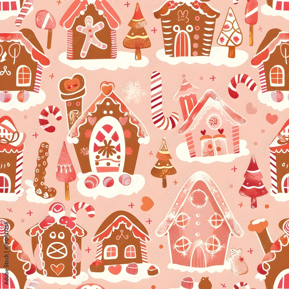 Gingerbread Village on Christmas, New year, Valentine and other holidays with seamless pattern.