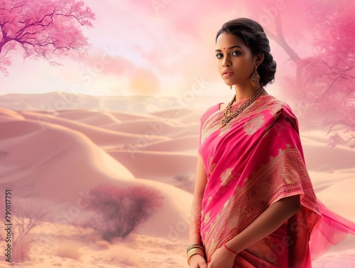 a beautiful Indian girl in a sari in full growth looks at the camera against the backdrop of a desert with trees