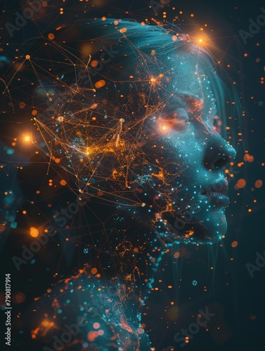 Abstract visualization of a human mind interconnected with the digital realm.