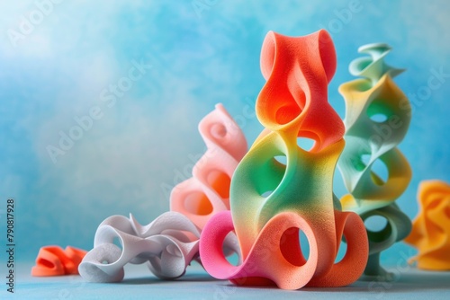 Abstract colorful 3D sculptures for creative backgrounds in art and education, 3D printed object in unusual, impossible shapes., background with copy space