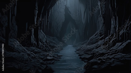 Mysterious Digital Art Cave with Serene River Stream