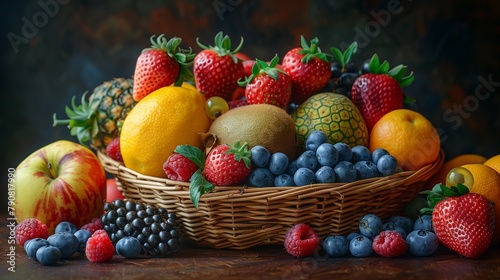 Fresh and Colorful Exotic Fruits in Basket, generative ai