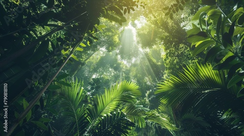 A lush green rainforest canopy with sunlight filtering through the leaves, casting dappled light on the vibrant flora and fauna below. © EC Tech 