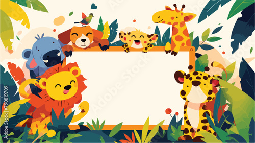 Cartoon wild animal with blank board in the jungle