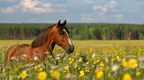 A horse standing amidst a meadow of blossoms